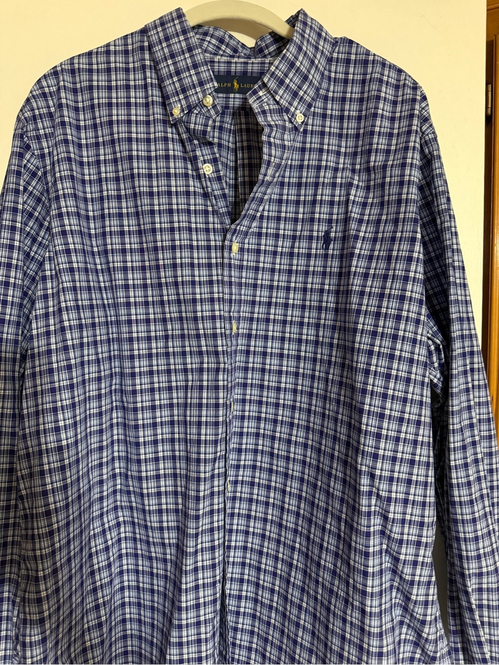 Ralph Lauren Men's Navy and White Plaid Button-Down Shirt